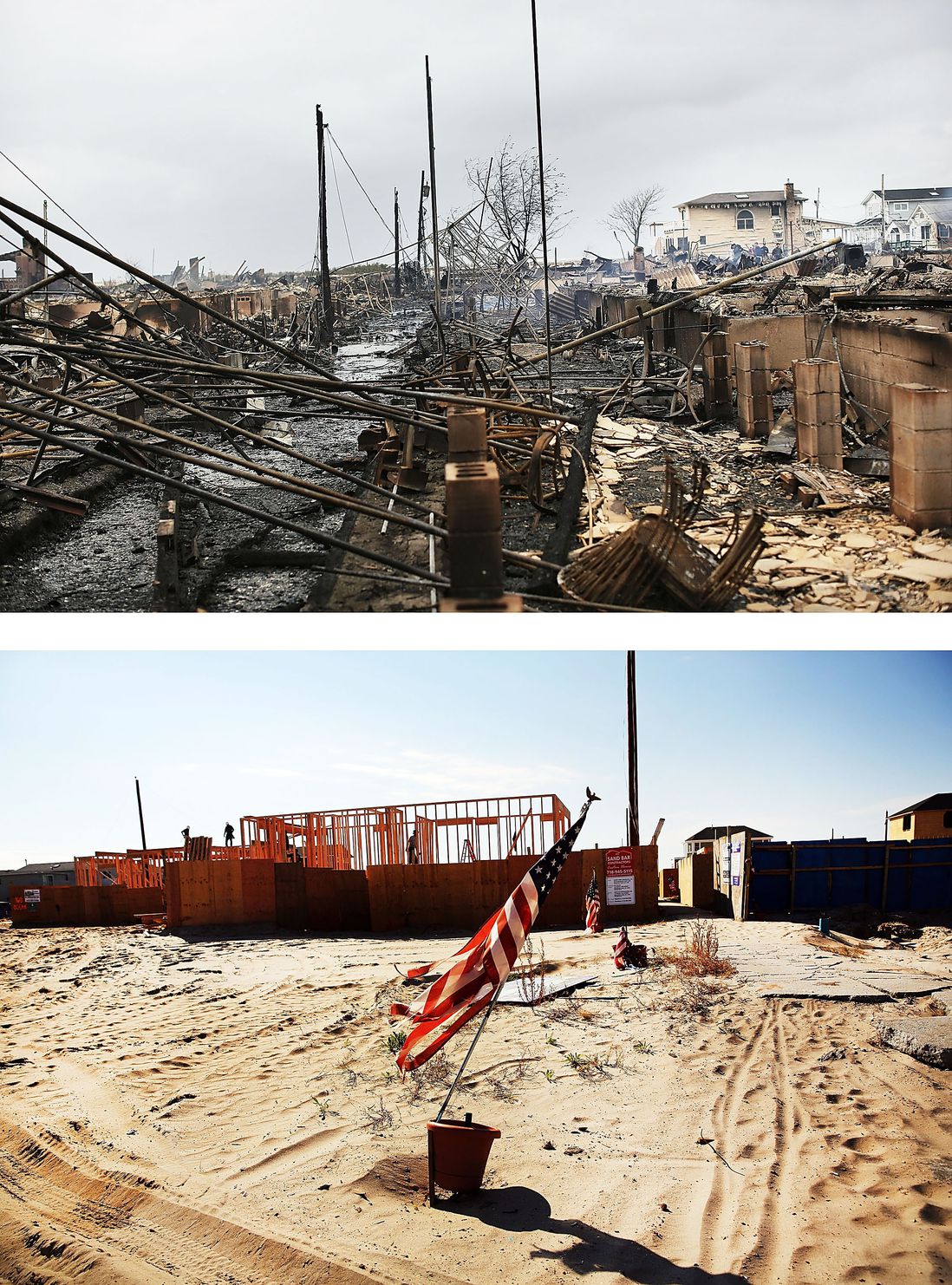 [Top] Homes sit destroyed after Hurricane Sandy on October 30, 2012 in the Breezy Point neighborhood of the Queens borough of New York City. [Bottom] Workers construct new homes on October 23, 2013 in the Breezy Point neighborhood of the Queens borough of New York City.